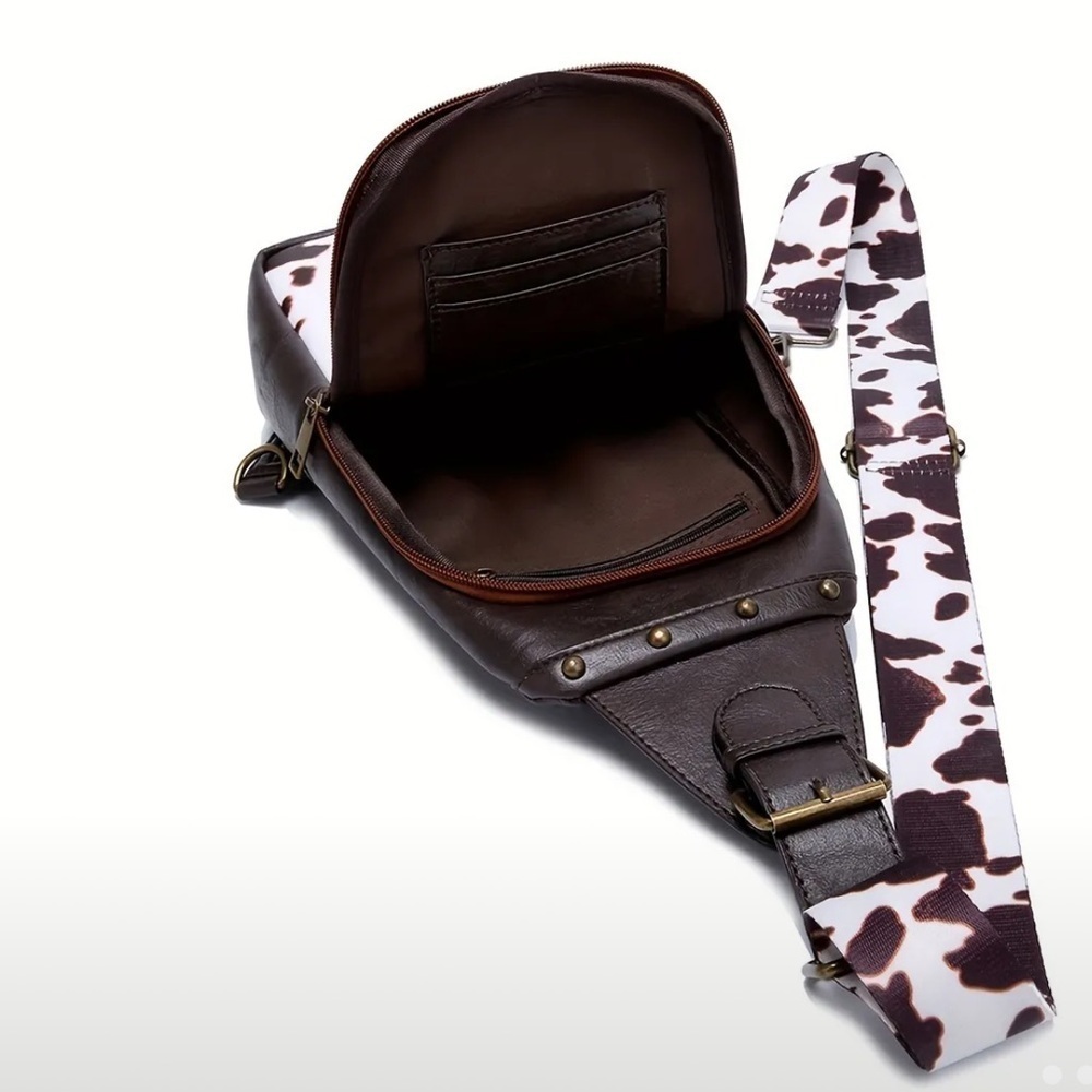 Vegan Leather Studded Vintage Cow Print Crossbody Bag - Picture 3 of 10